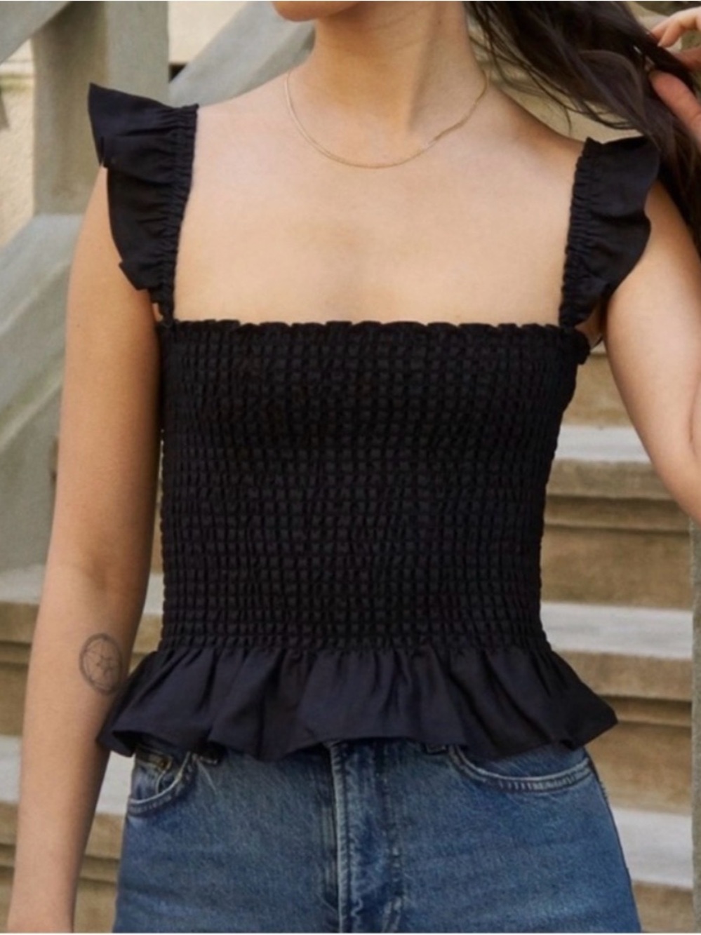 Reformation Black Smocked Ruffle-Trim Square Neck Camisole